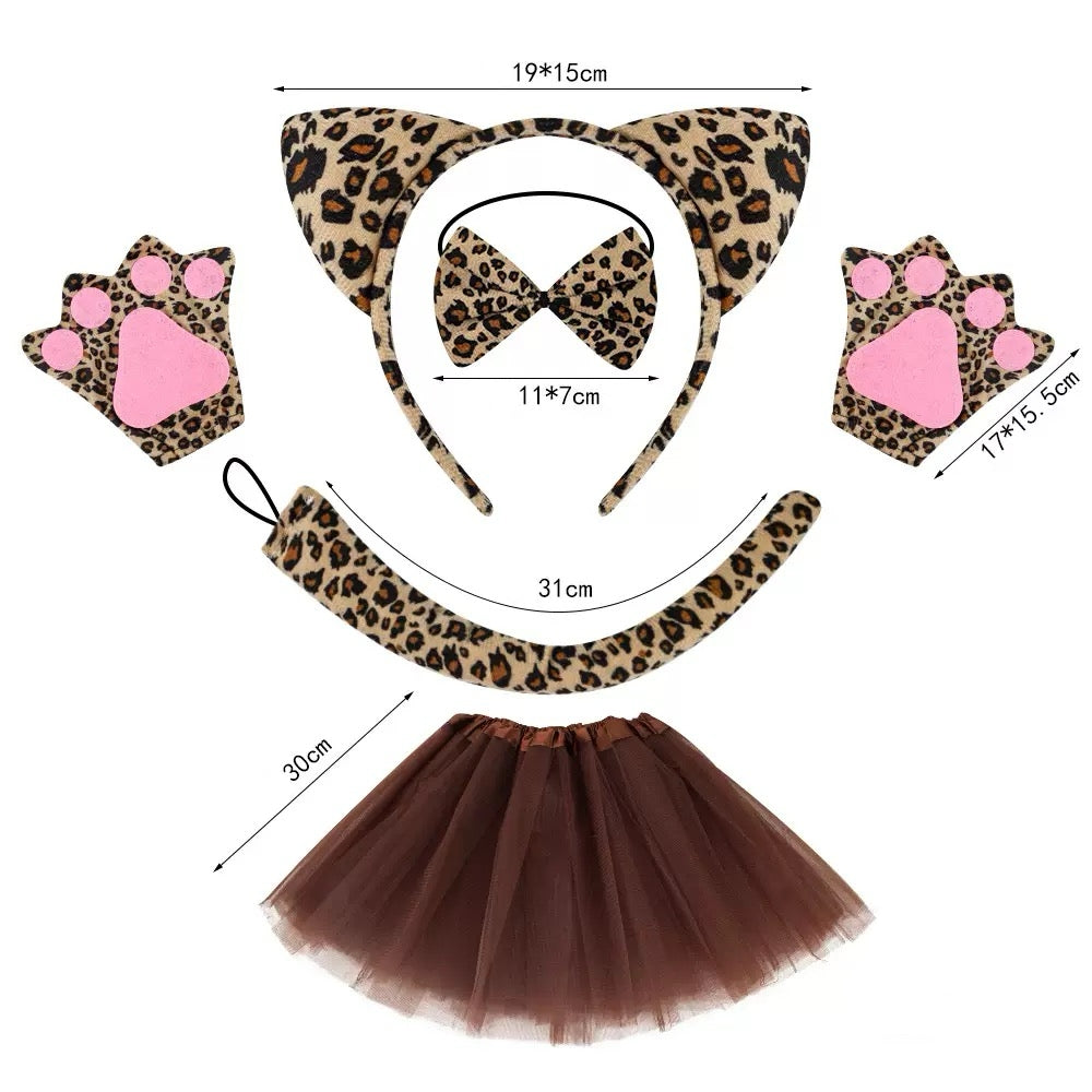 Leopard costume kit with cat ears, pink paw gloves, tail, and brown skirt – jungle animal outfit.